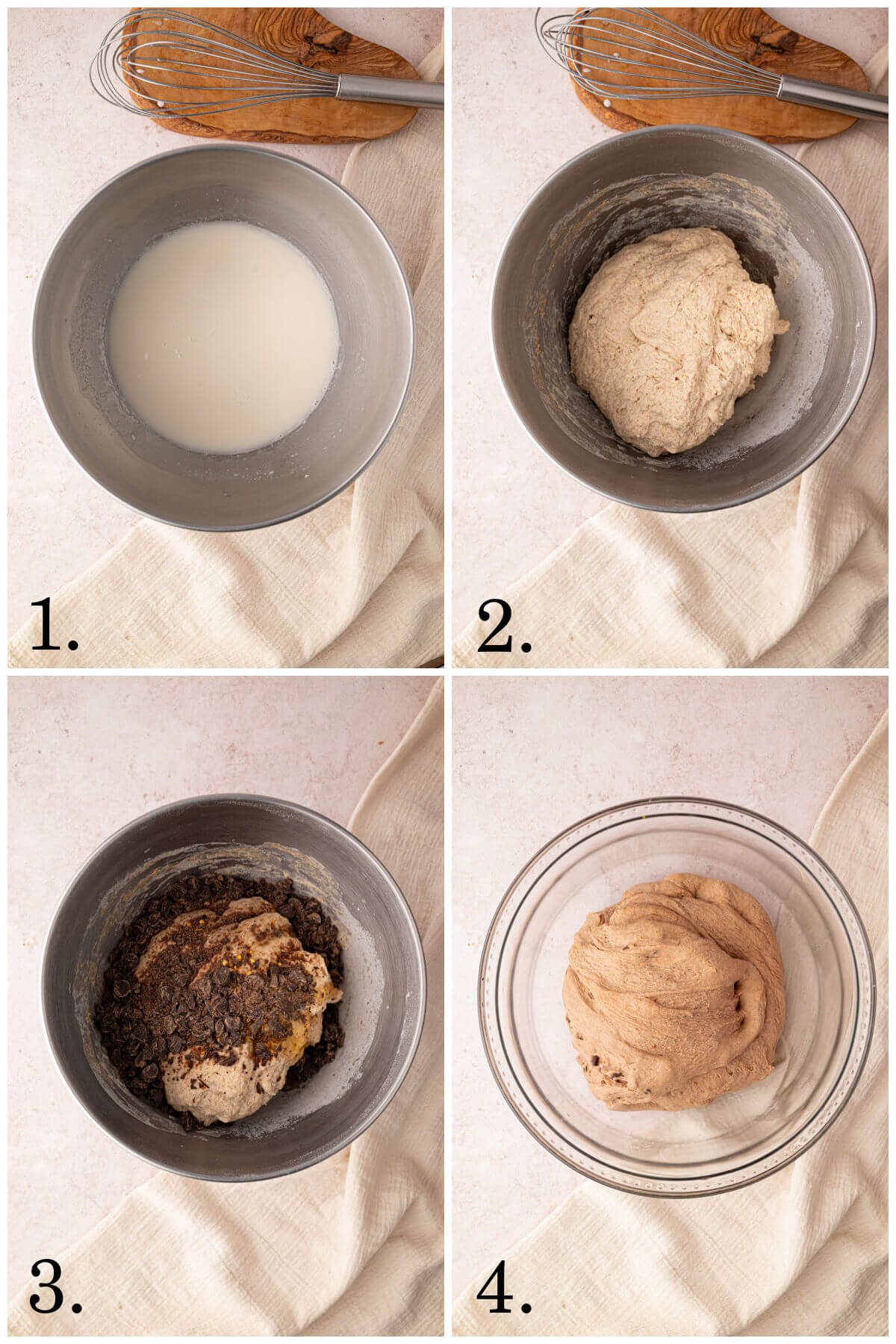 Collage of four photos showing steps 1-4 for sourdough chocolate chili bread.