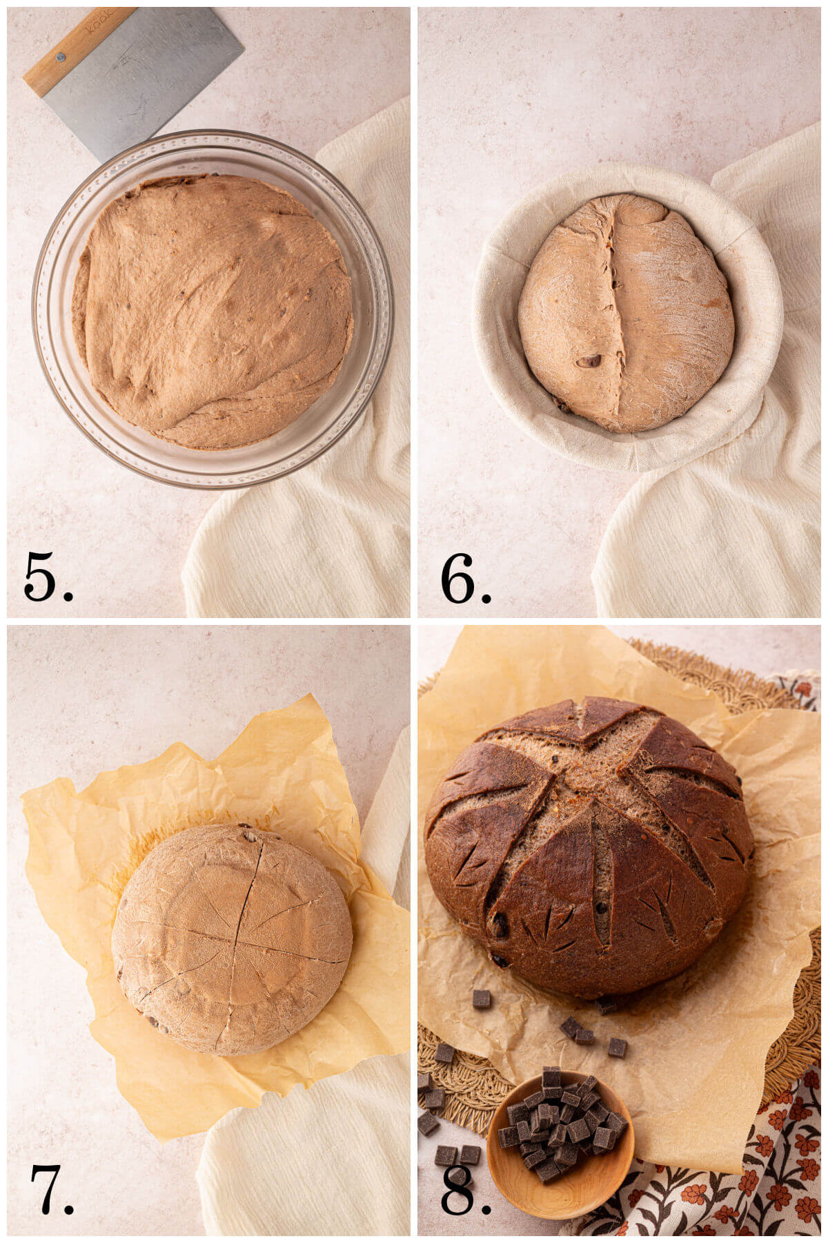 Collage of four photos showing steps 5-8 for how to make sourdough chocolate chili bread.