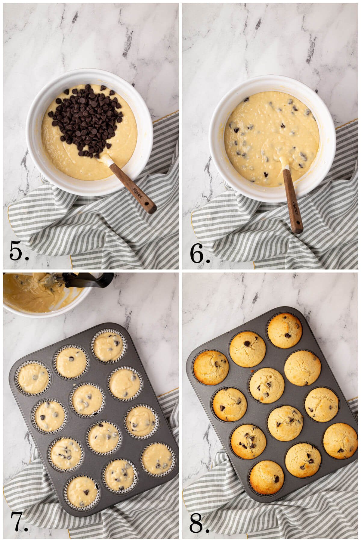Photos of steps 5 through 8 in making sourdough chocolate chip muffins.