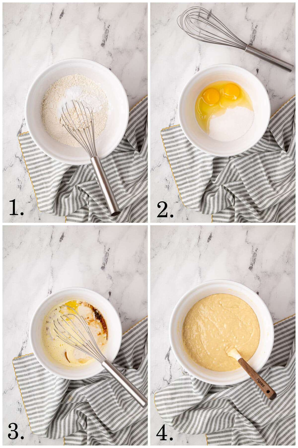 Photos of steps 1 through 4 in making sourdough chocolate chip muffins.