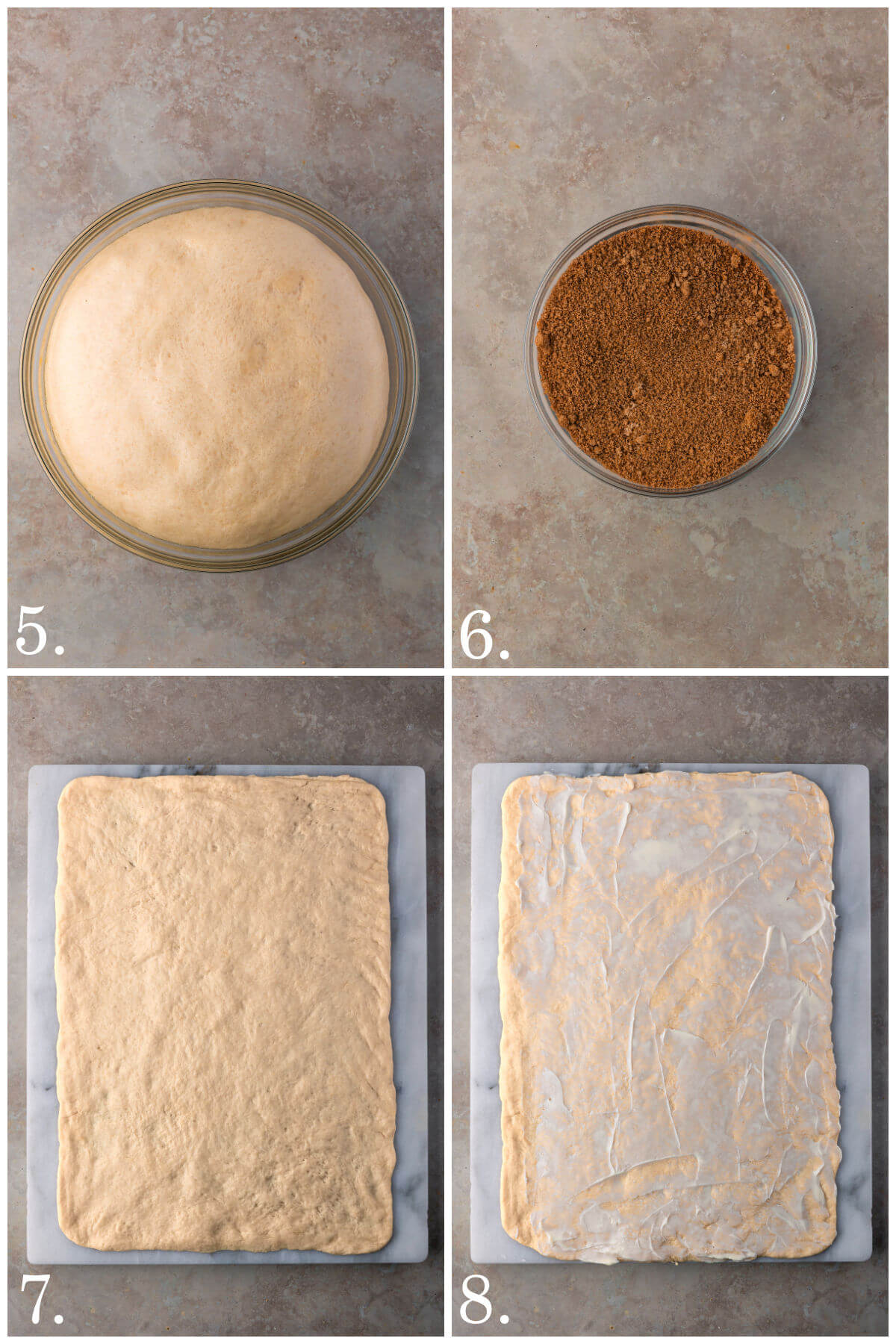 Collage of four photos showing steps 5-6 of how to make sourdough discard cinnamon rolls.