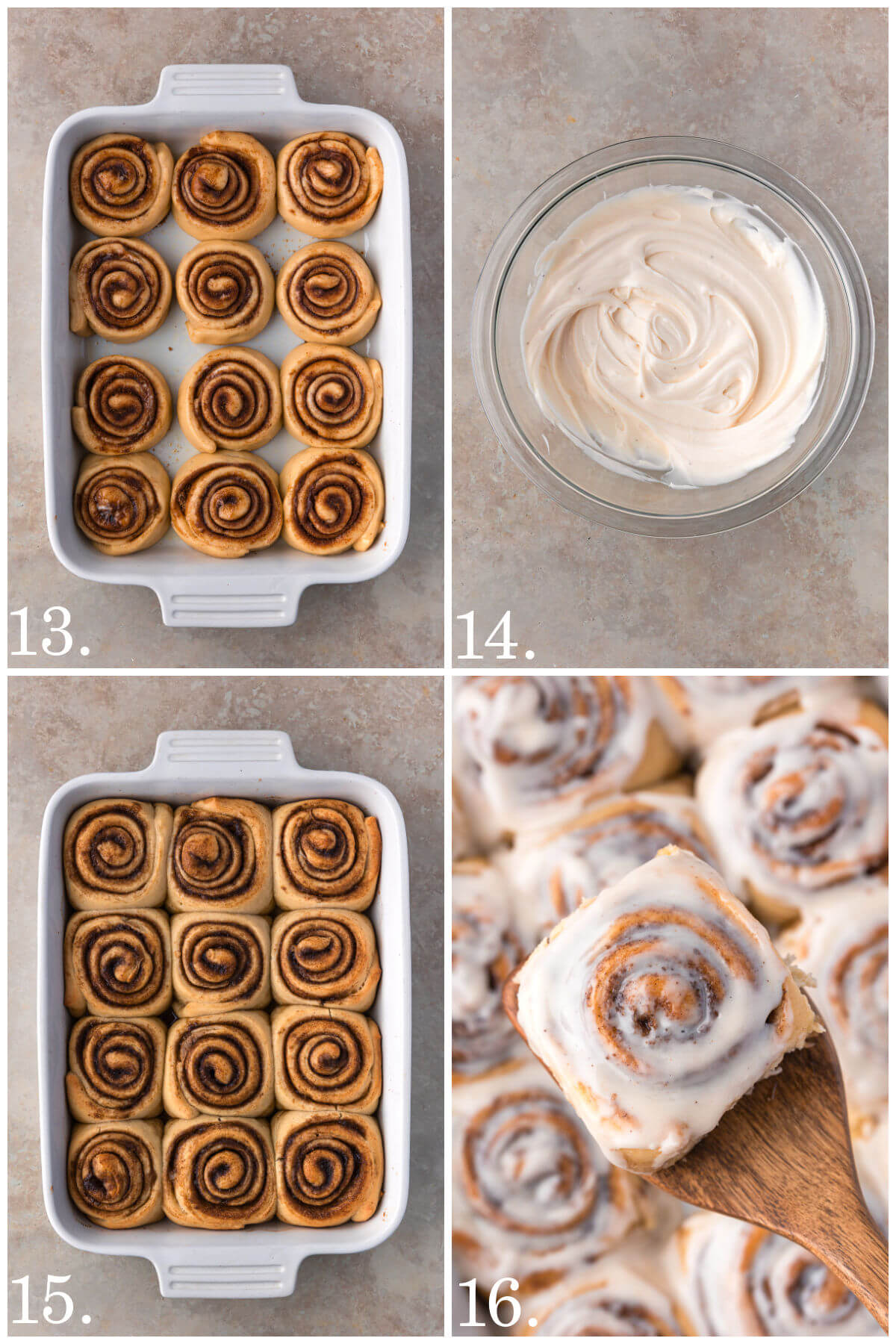 Collage of four photos showing steps 13-16 of how to make sourdough discard cinnamon rolls.