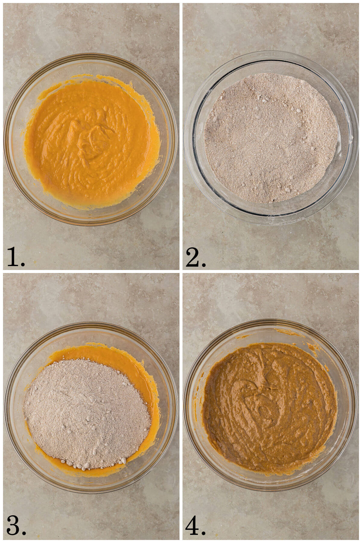 Collage of four photos showing steps 1-4 of how to make sourdough discard pumpkin bread.