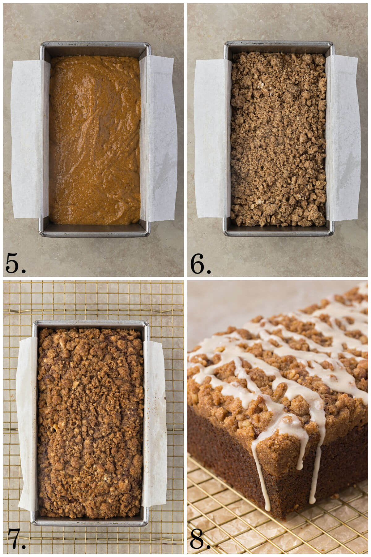 Collage of four photos showing steps 5-8 for how to make sourdough discard pumpkin bread.