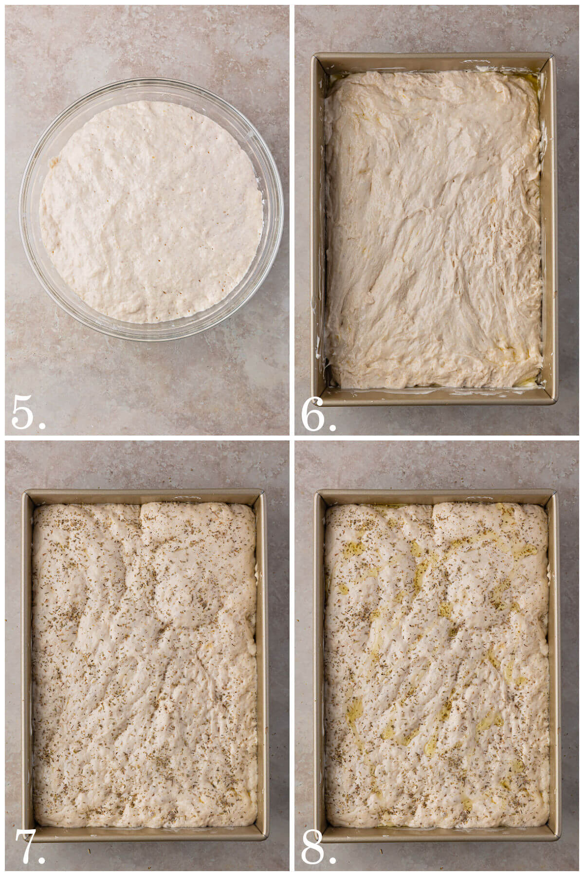 Collage of four photos showing steps 5-8 for how to make sourdough discard focaccia pizza.