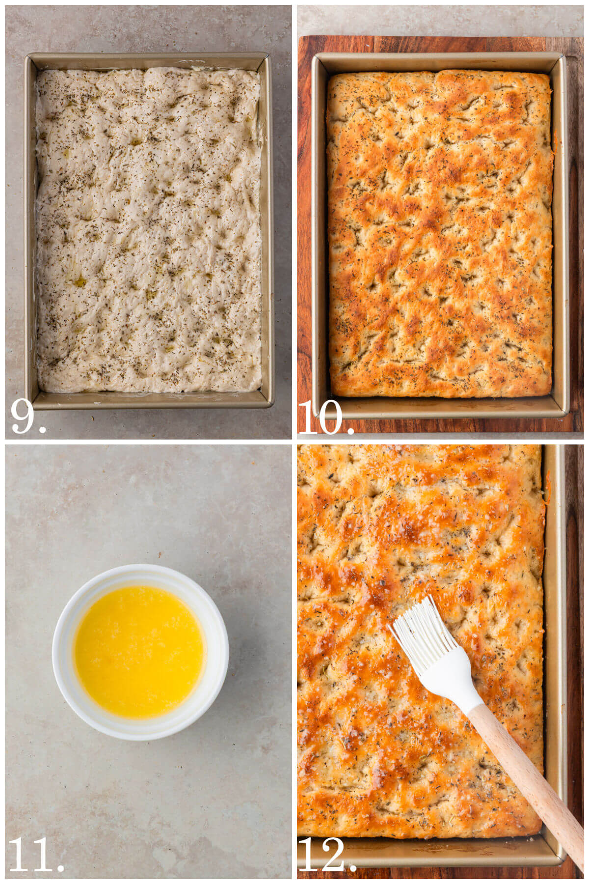 Collage of four photos showing steps 9-12 for how to make sourdough discard focaccia pizza.