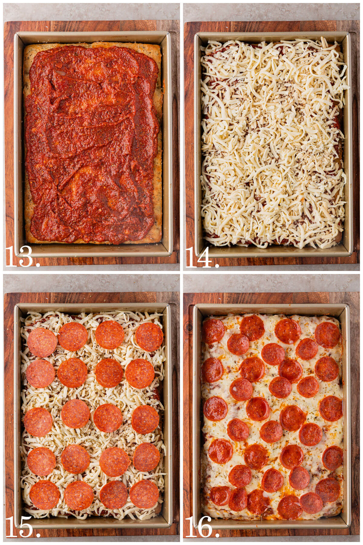 Collage of four photos showing steps 13-16 for how to make sourdough discard focaccia pizza.