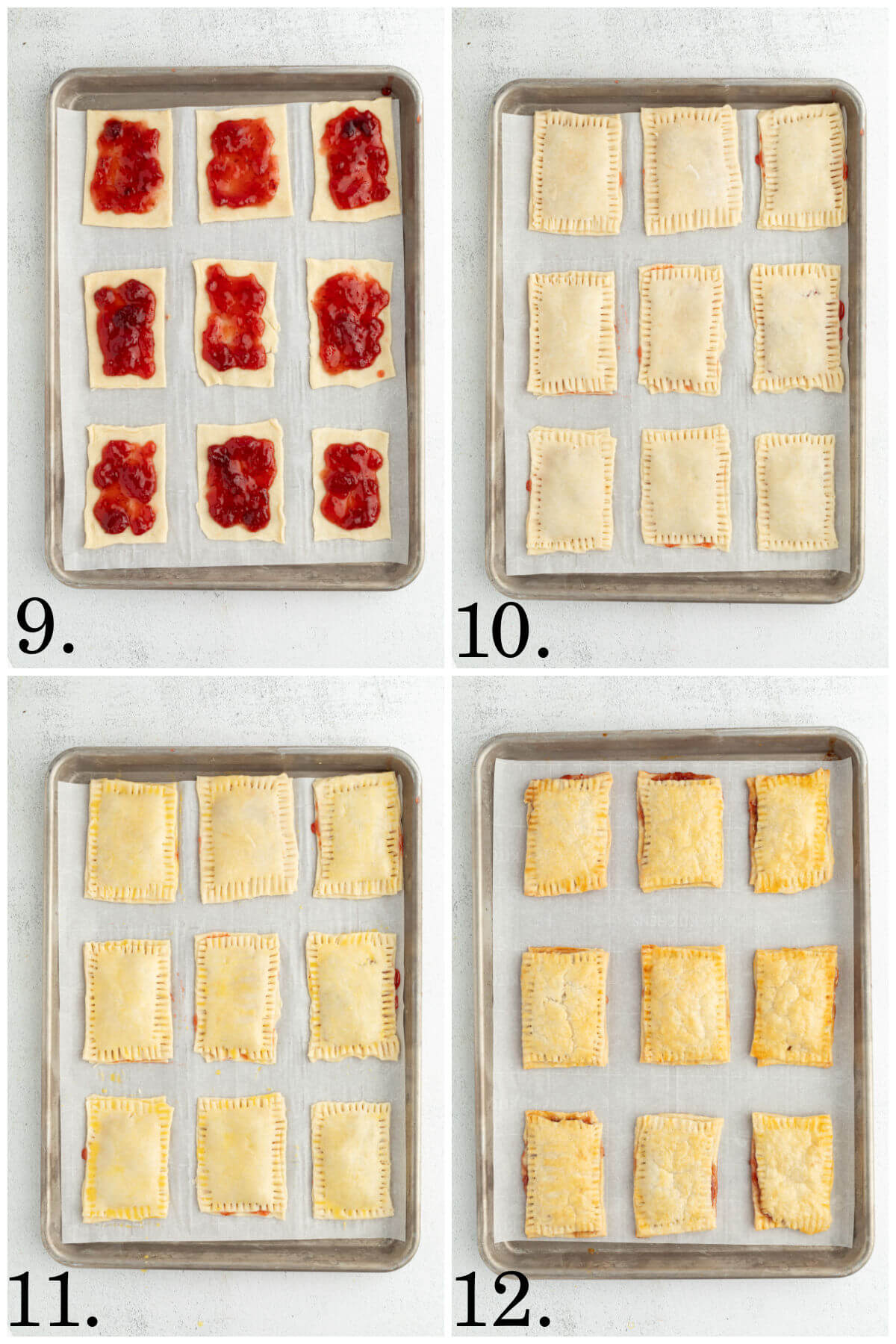 Collage of four photos showing steps 9-12 for how to make sourdough pop tarts.
