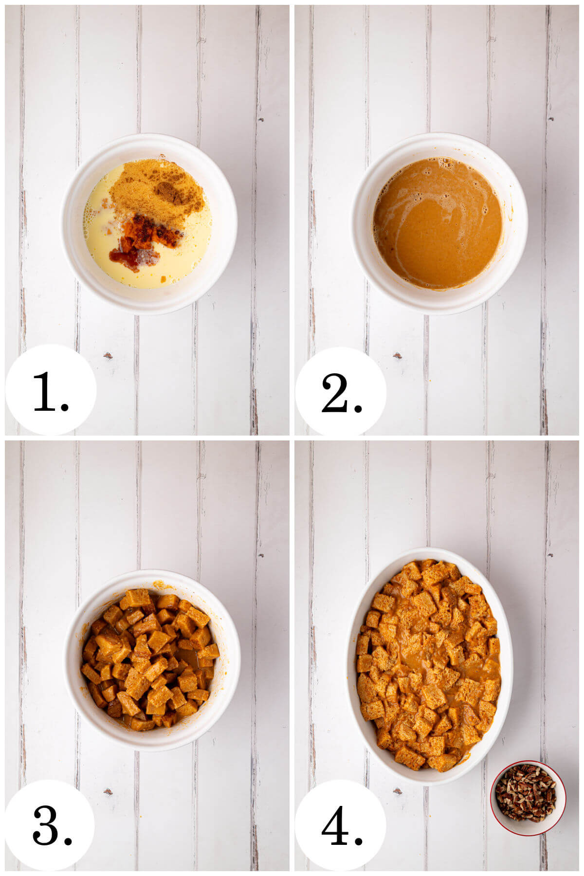 Collage of four photos showing steps 1-4 for how to make sourdough pumpkin French toast casserole.