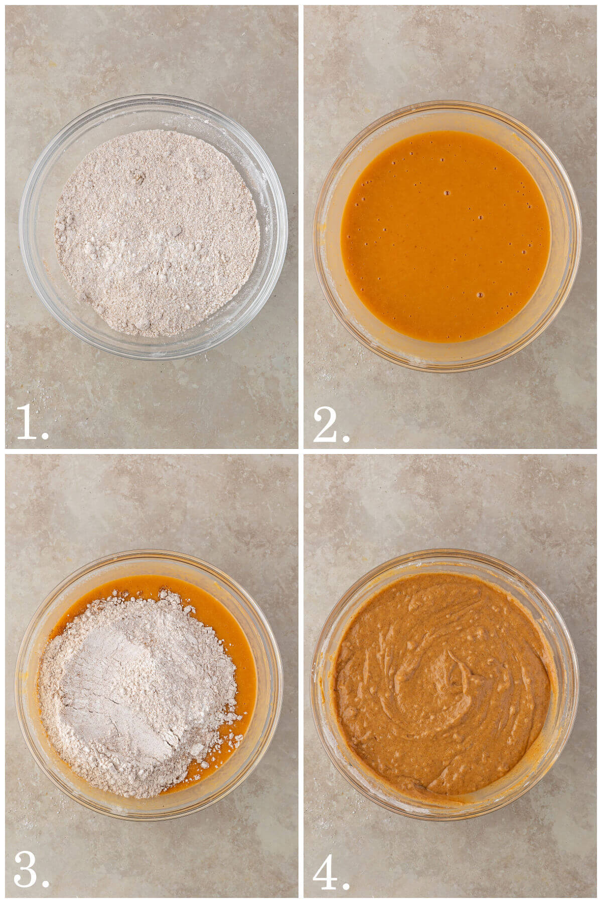 Collage of four photos showing how to make sourdough pumpkin muffins.