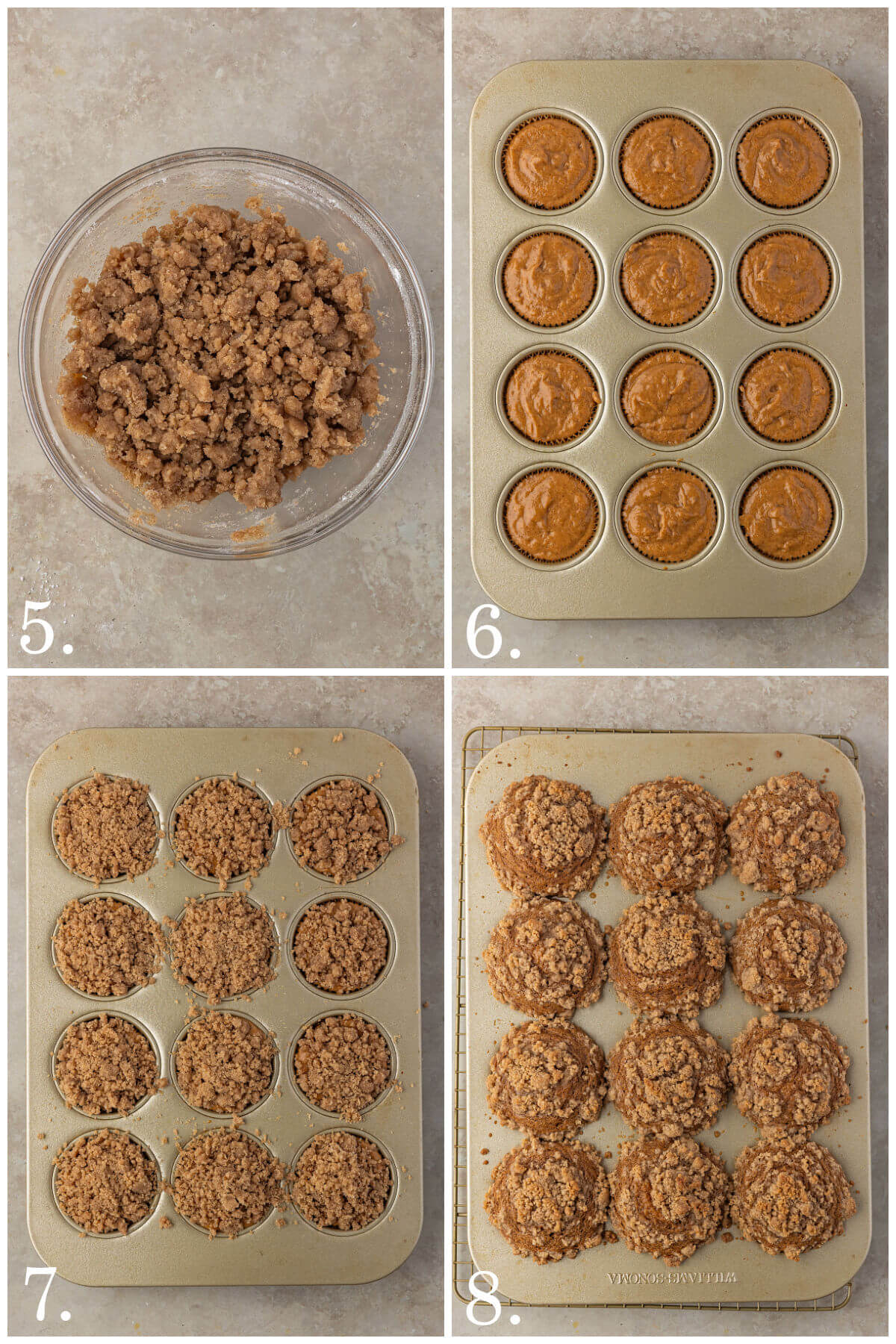 Collage of four photos showing steps 5-8 for how to make sourdough pumpkin muffins.