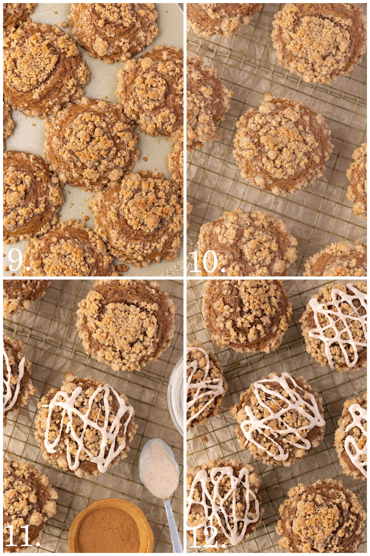 Collage of four photos showing steps 9-12 for how to make sourdough pumpkin muffins.