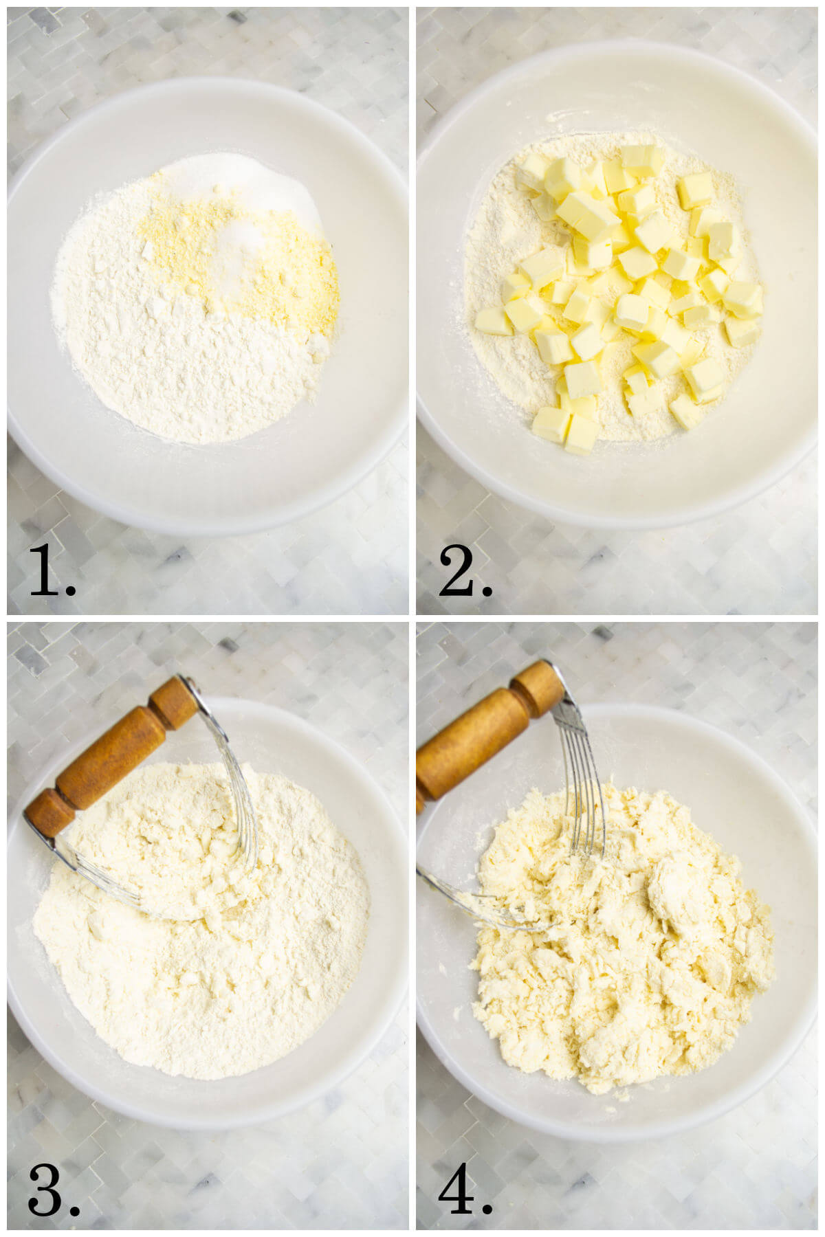Collage of four photos showing steps one through four for making strawberry galette.