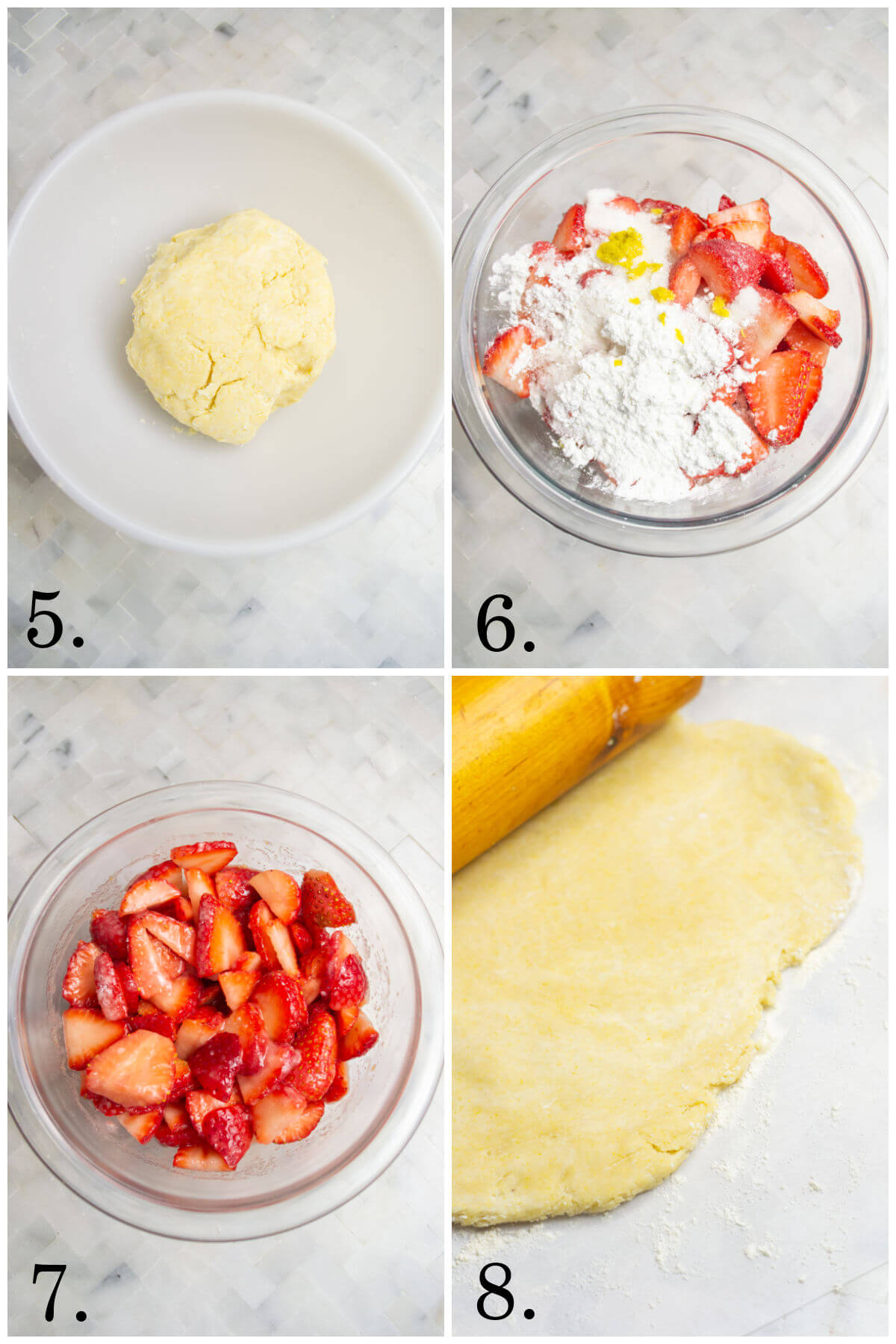 Collage of four photos showing steps 5-8 of how to make strawberry galette.