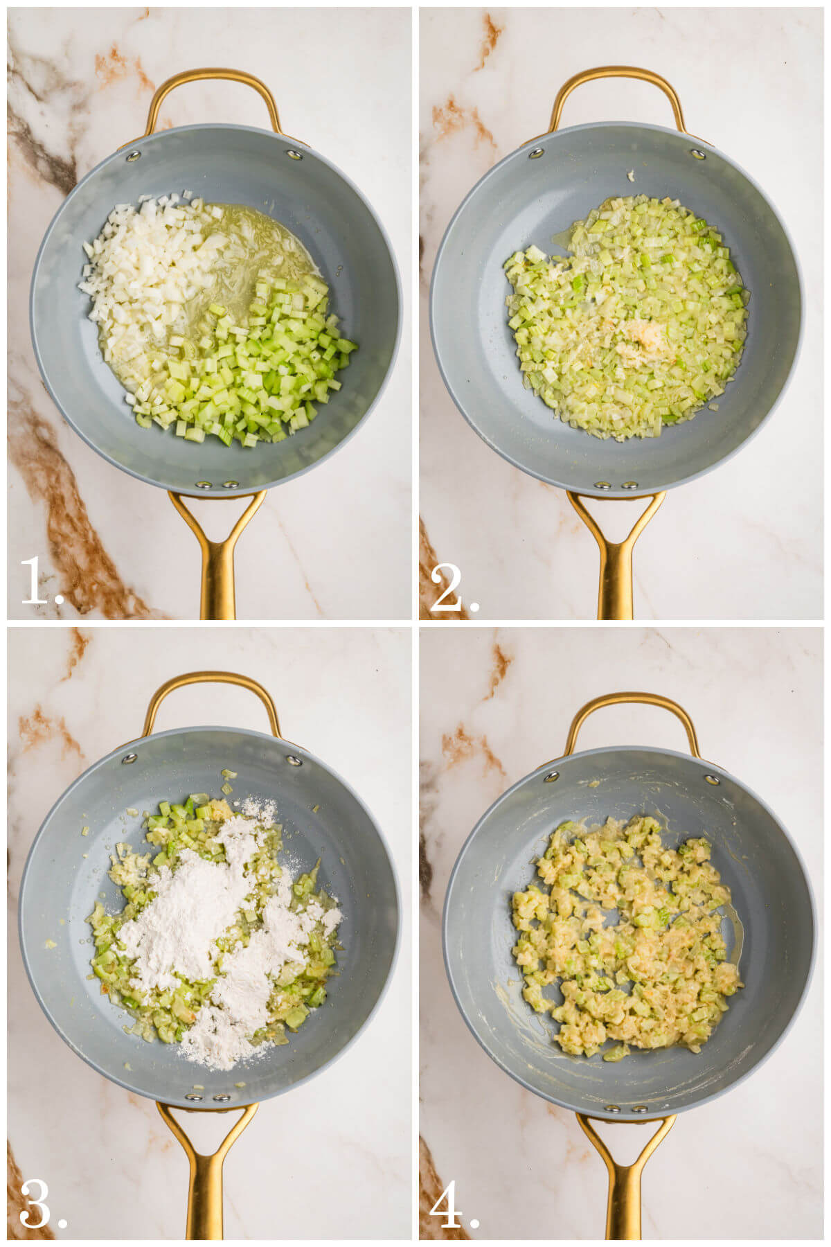 Collage of four photos showing steps 1-4 of how to make turkey pot pie with biscuits.