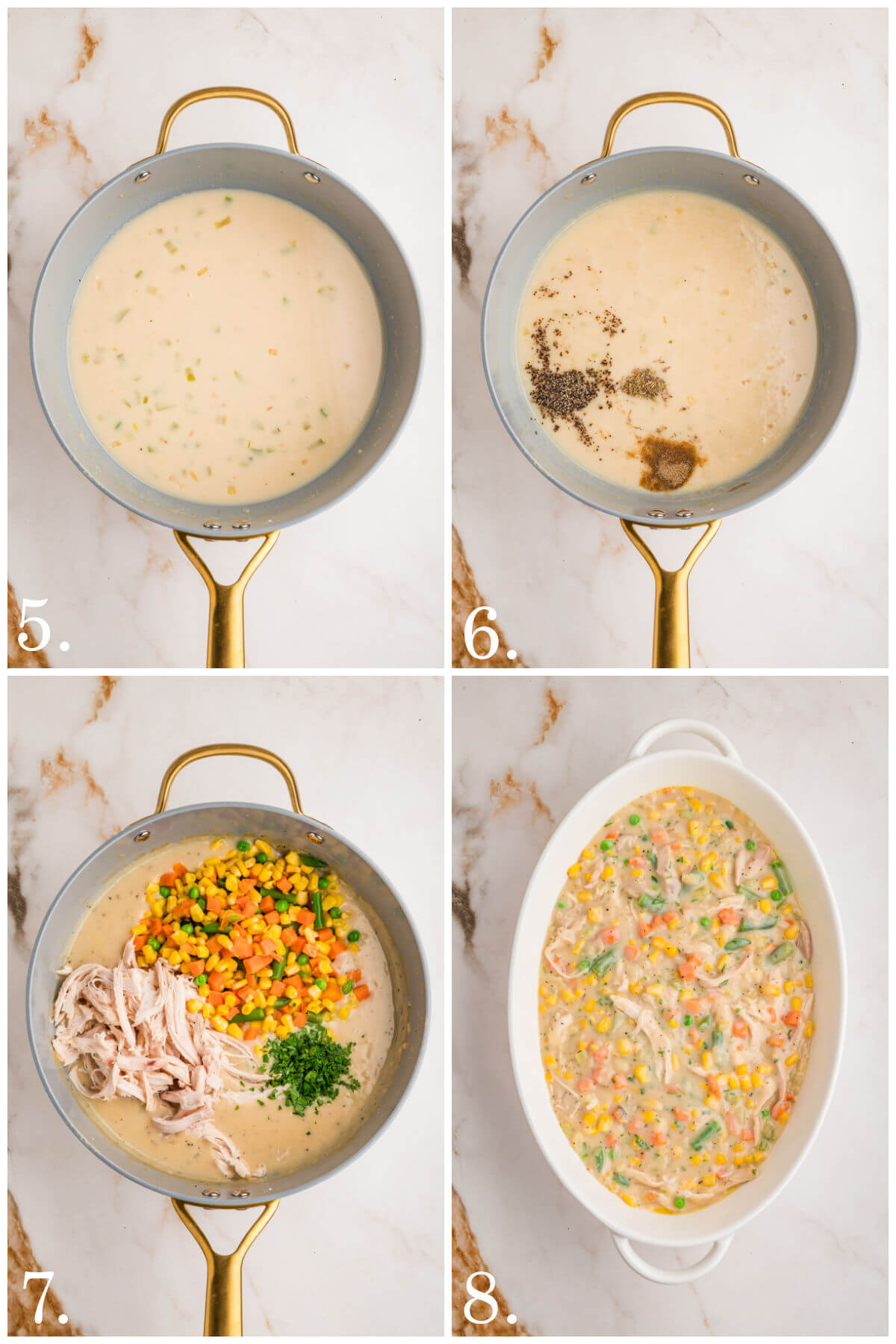 Collage of four photos showing steps 5-8 of how to make turkey pot pie with biscuits.