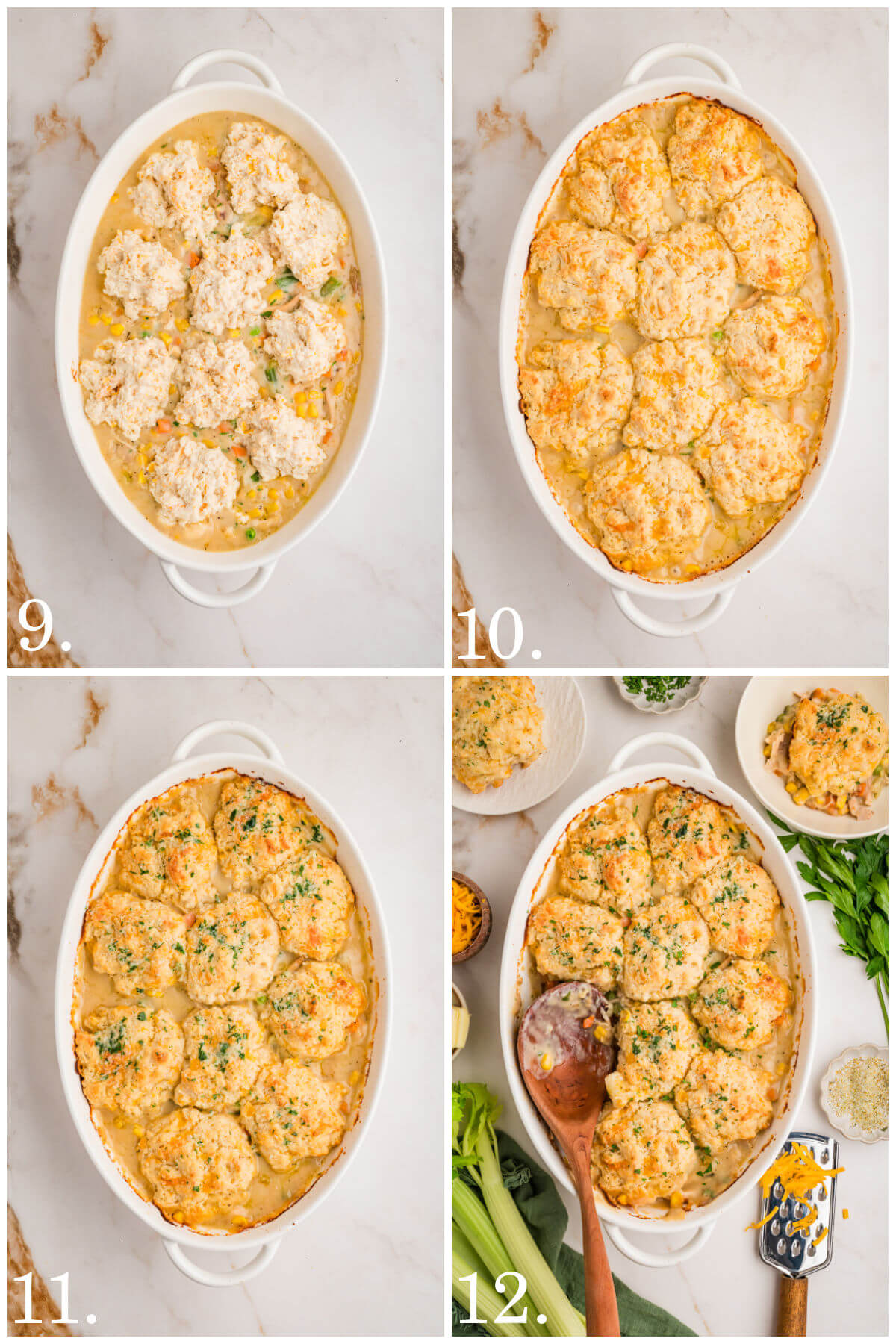 Collage of four photos showing steps 9-12 of how to make turkey pot pie with biscuits.