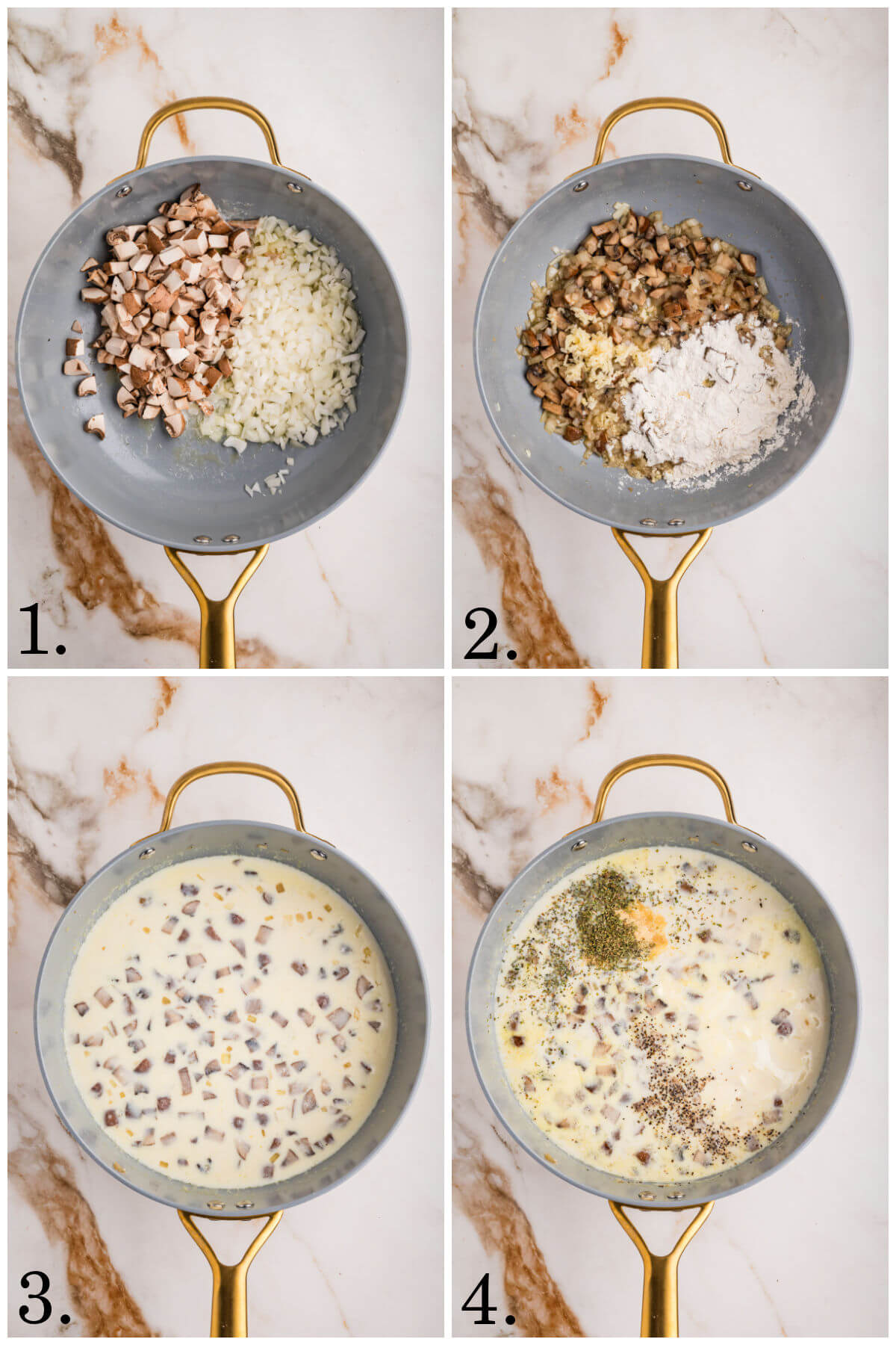 Collage of four photos showing steps 1-4 for how to make this easy turkey tetrazzini recipe.