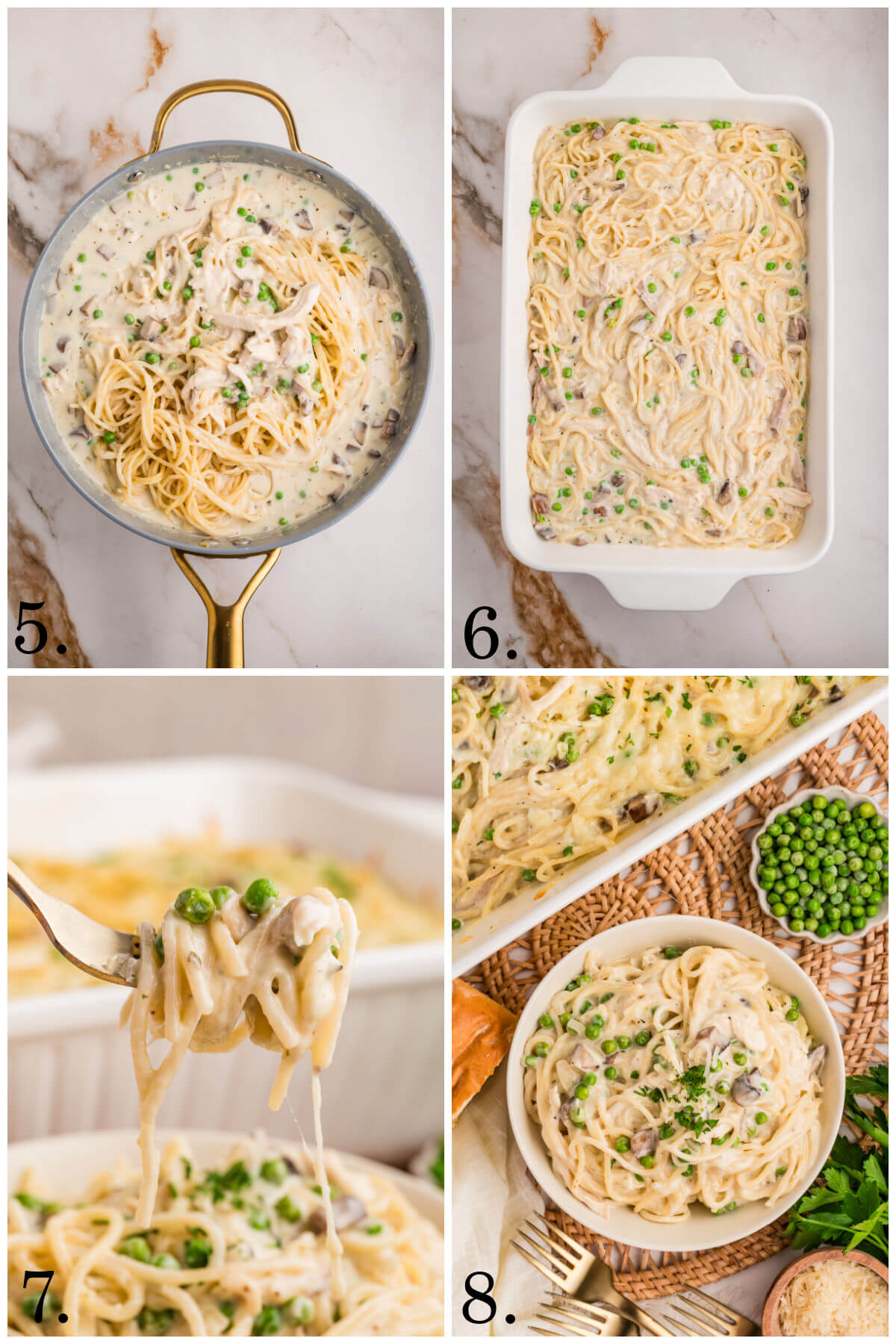 Collage of four photos showing steps 5-8 of how to make turkey tetrazzini.