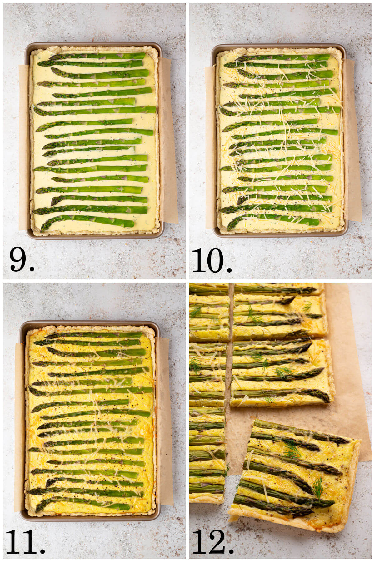 Collage of four photos showing steps 9-12 of making asparagus goat cheese tart.