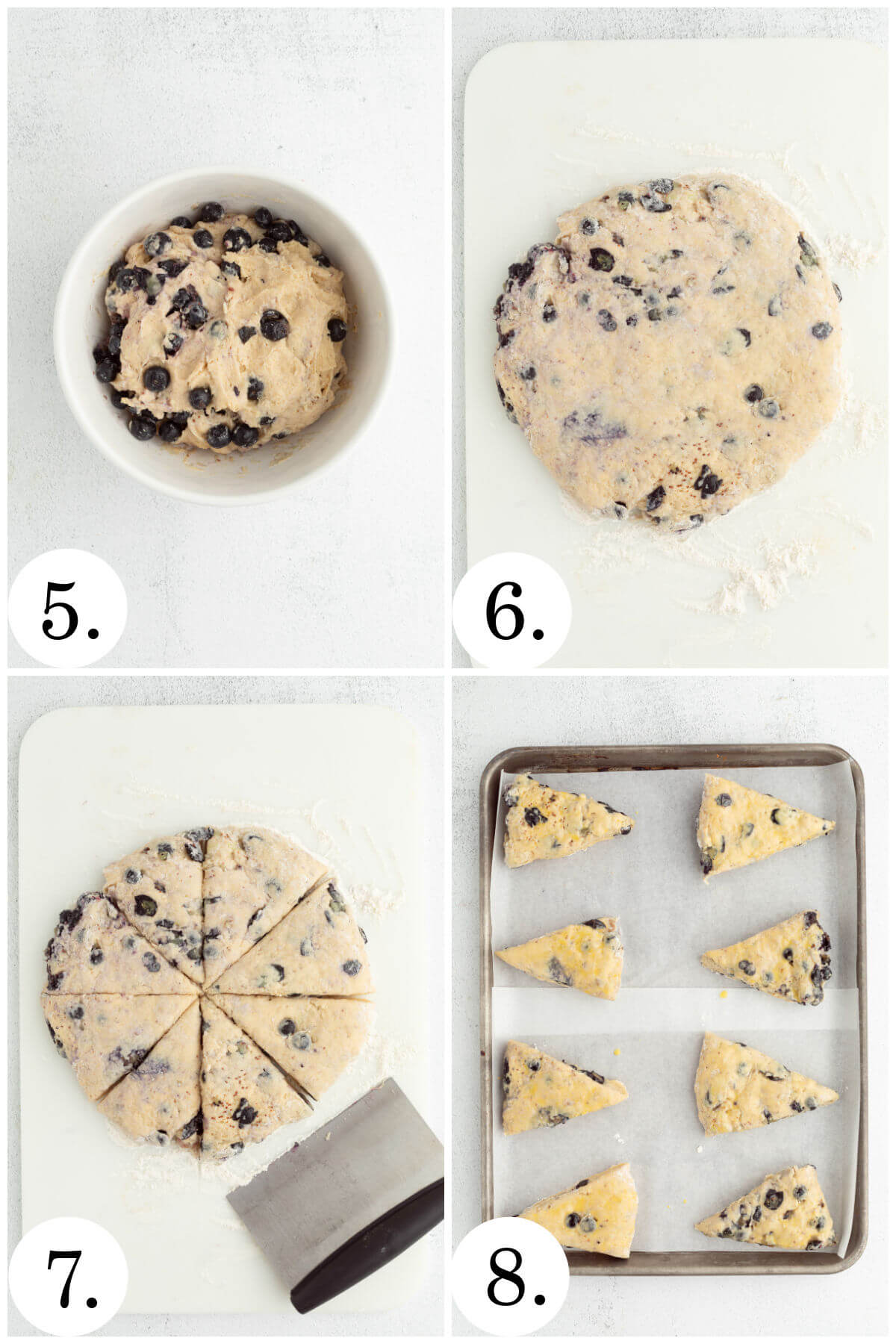 Steps 5 through 6 used to make sourdough blueberry scones.