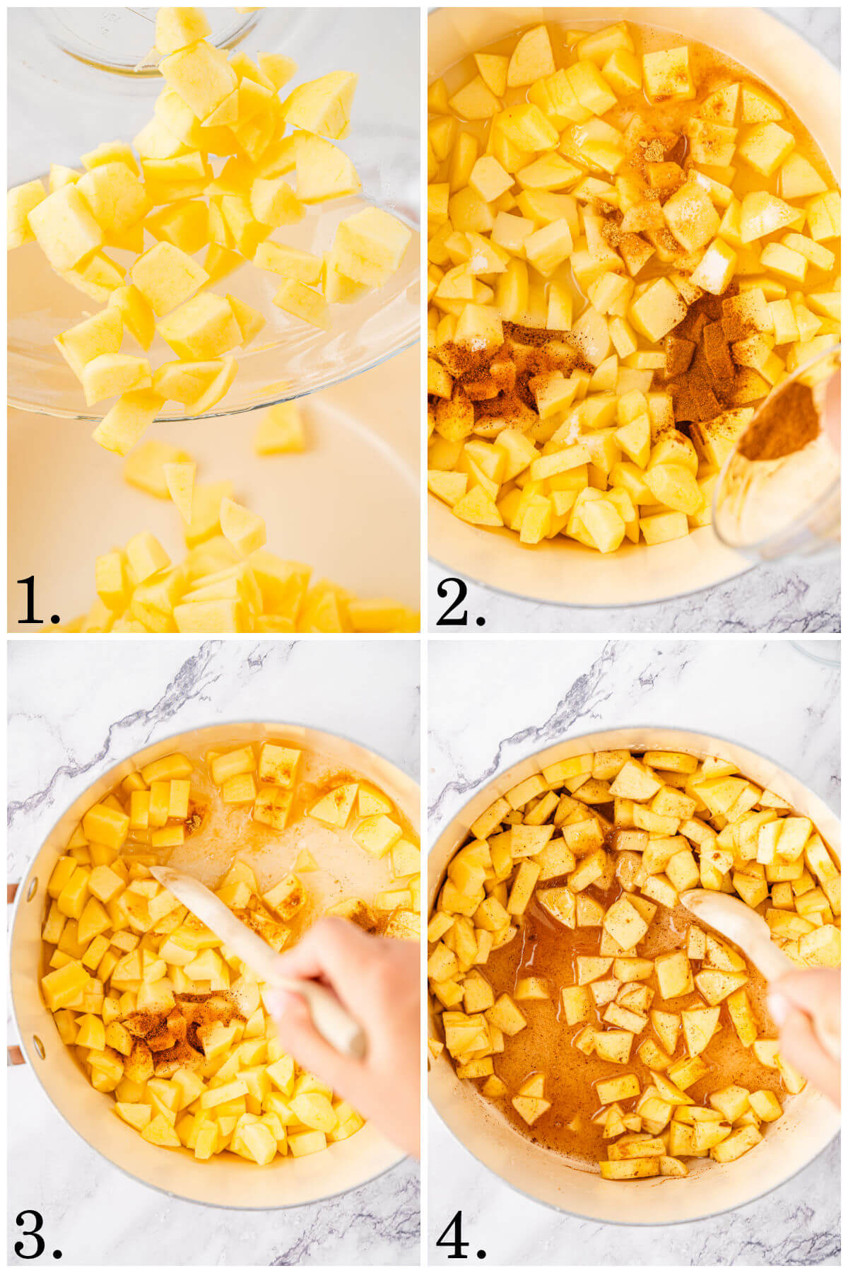 Collage of four photos showing steps 1-4 for how to make homemade applesauce.