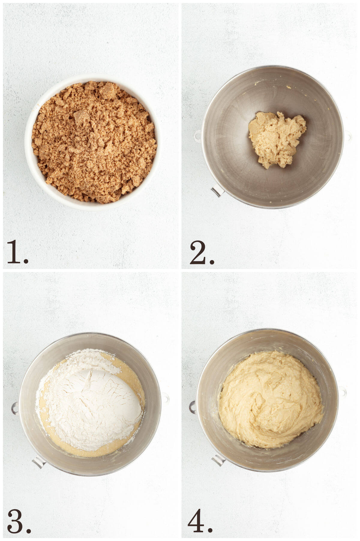 Collage of 4 photos showing steps 1-4 of how to make sourdough coffee cake.