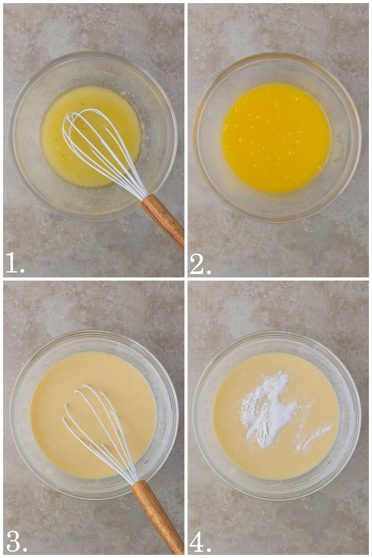 Collage of four photos showing steps 1-4 for how to make sourdough cornbread muffins.