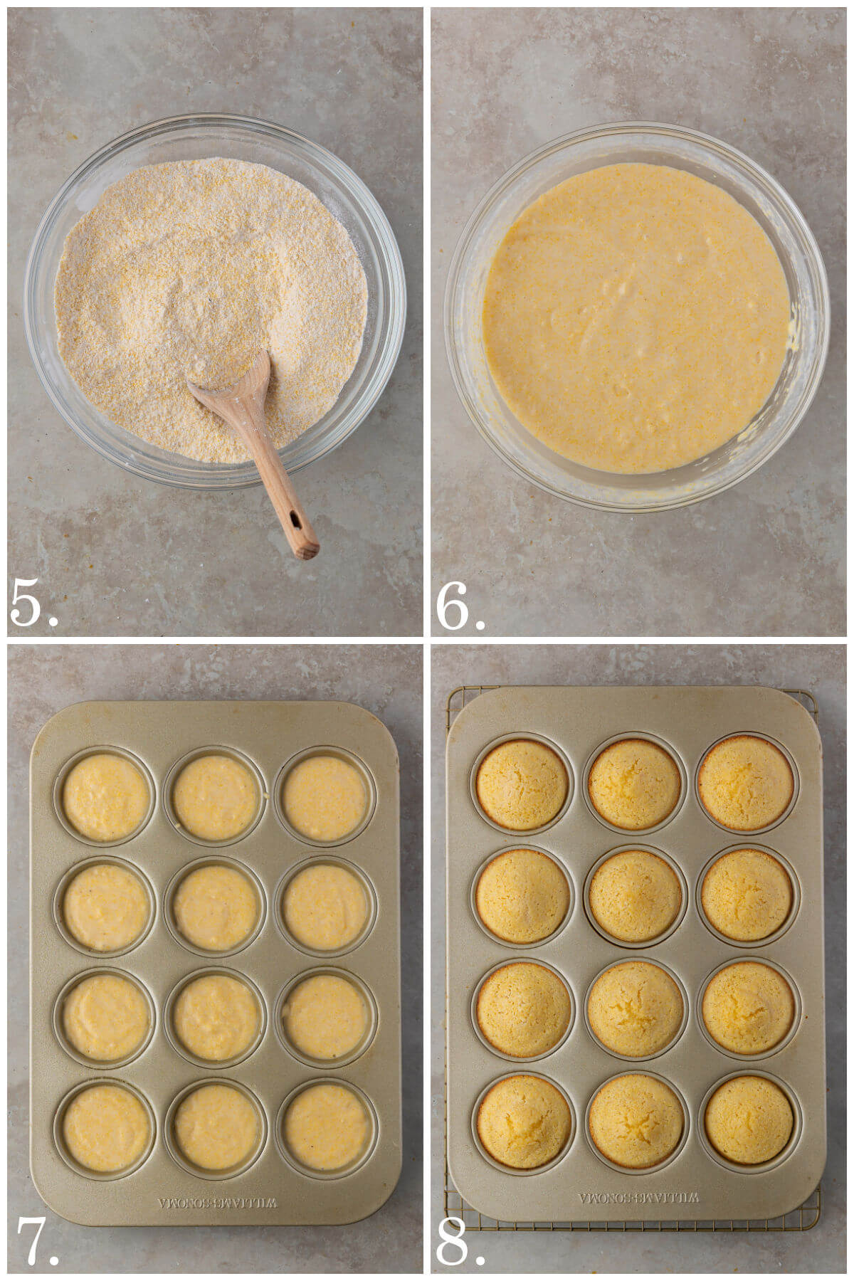 Collage of four photos showing steps 5-8 for how to make sourdough cornbread muffins.