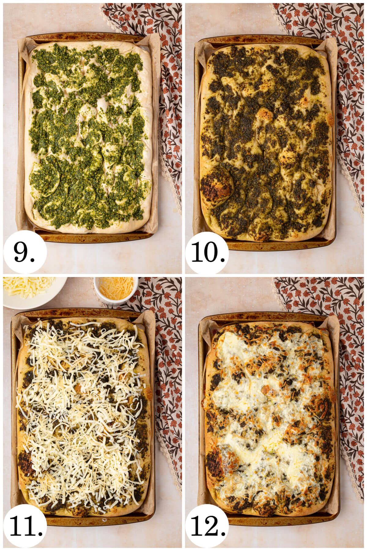 Collage of four photos showing steps 9-12 for how to make sourdough focaccia pizza bianca.