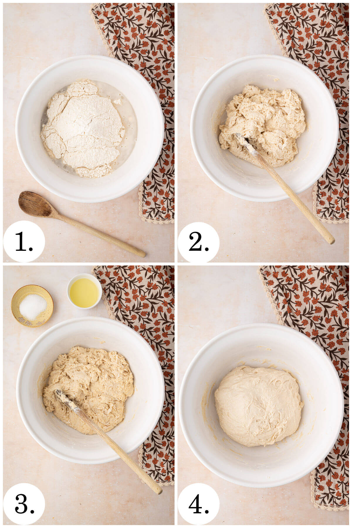 Collage of four photos showing steps 1-4 for how to make sourdough focaccia pizza.