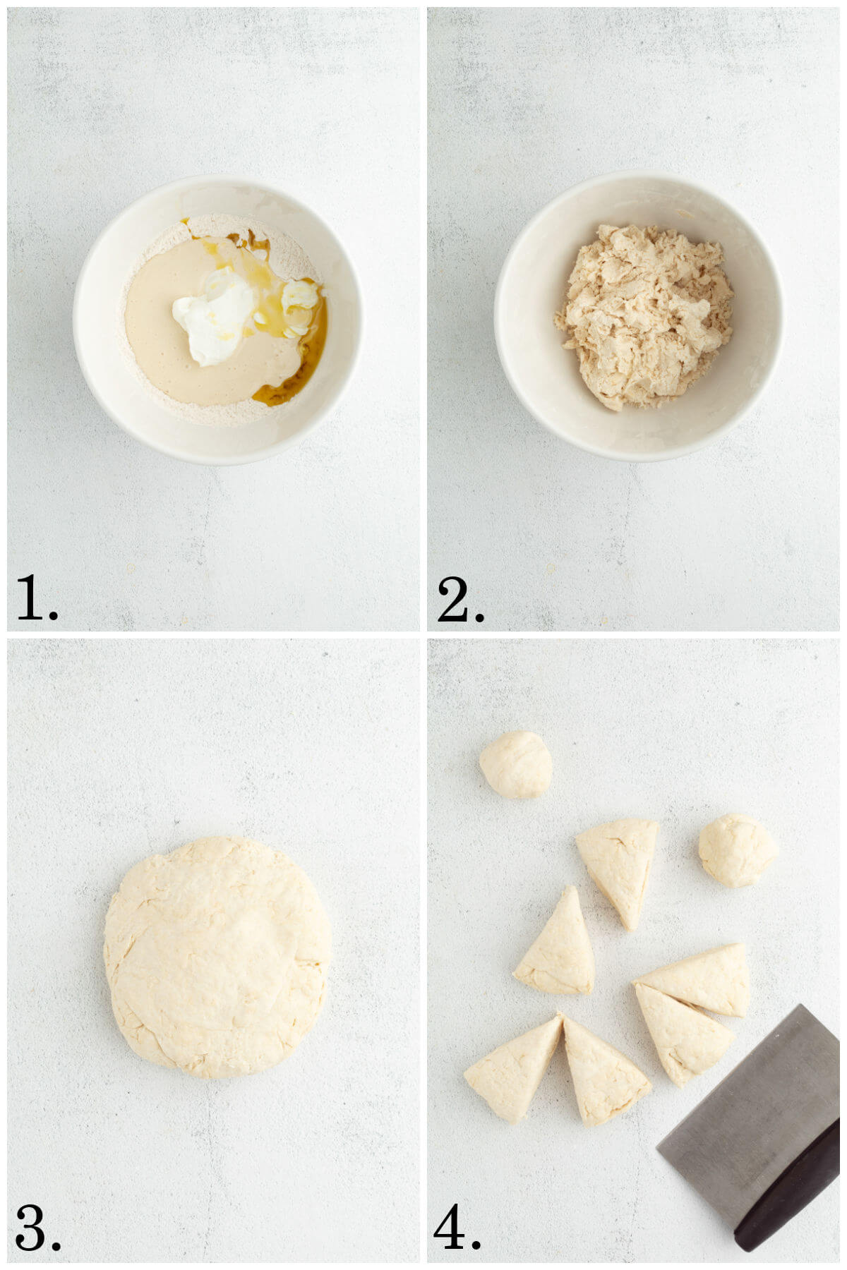 Collage of four photos showing steps 1-4 for how to make sourdough naan.