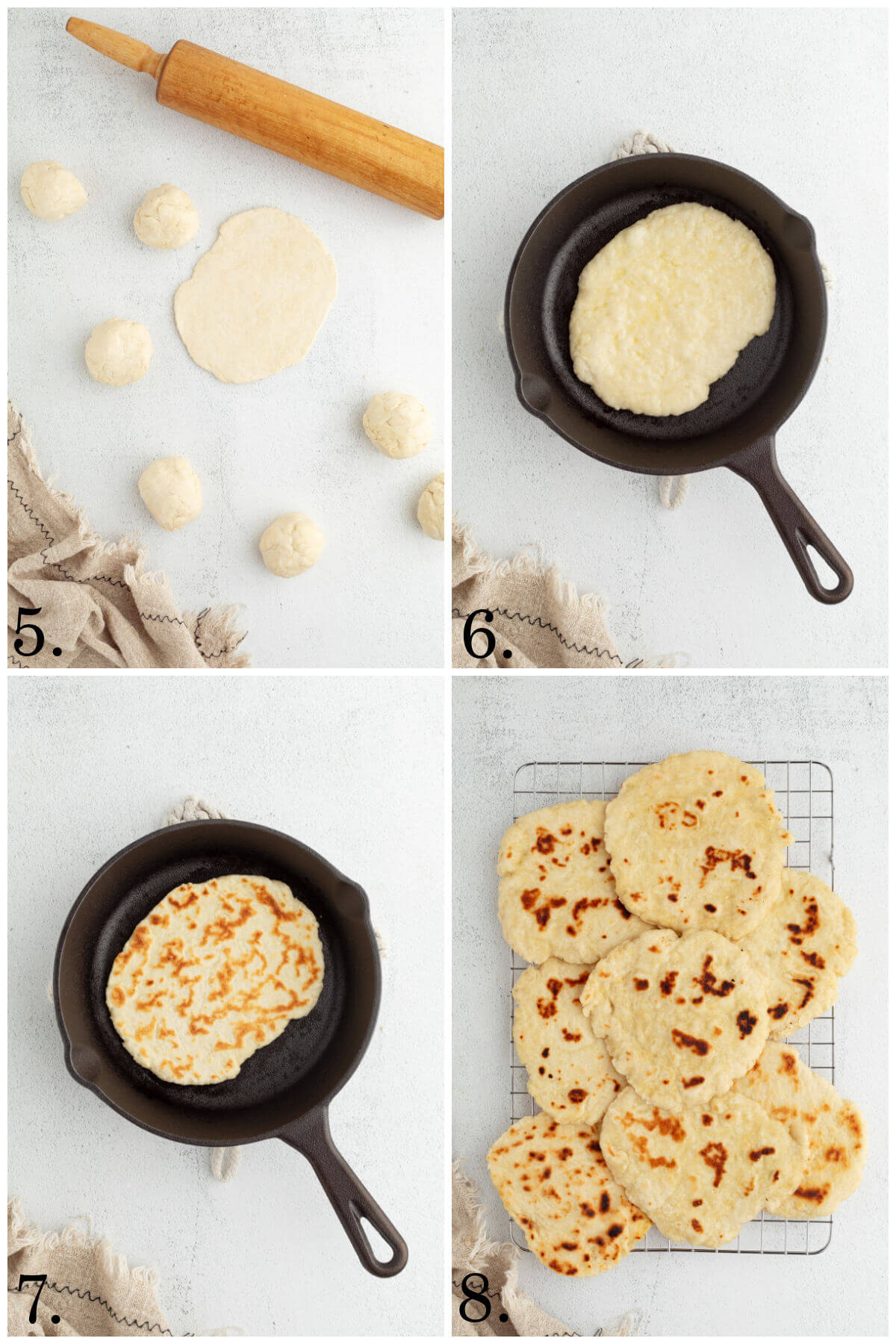 Collage of four photos showing steps 5-8 for how to make sourdough naan.