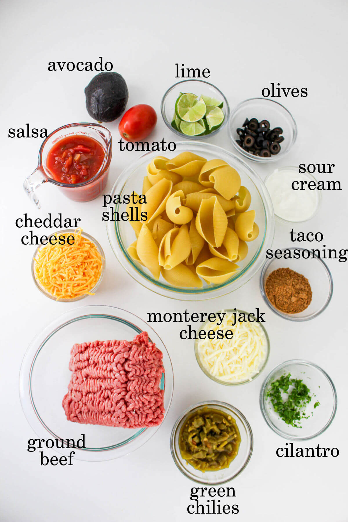 Ingredients for taco stuffed shells recipe.