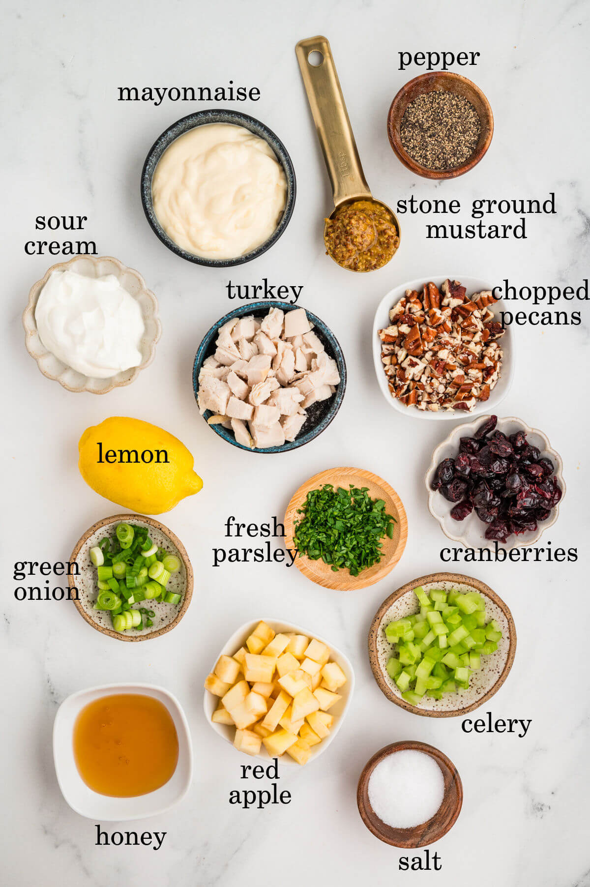 Ingredients for turkey salad in small bowls with text overlay labeling each ingredient.