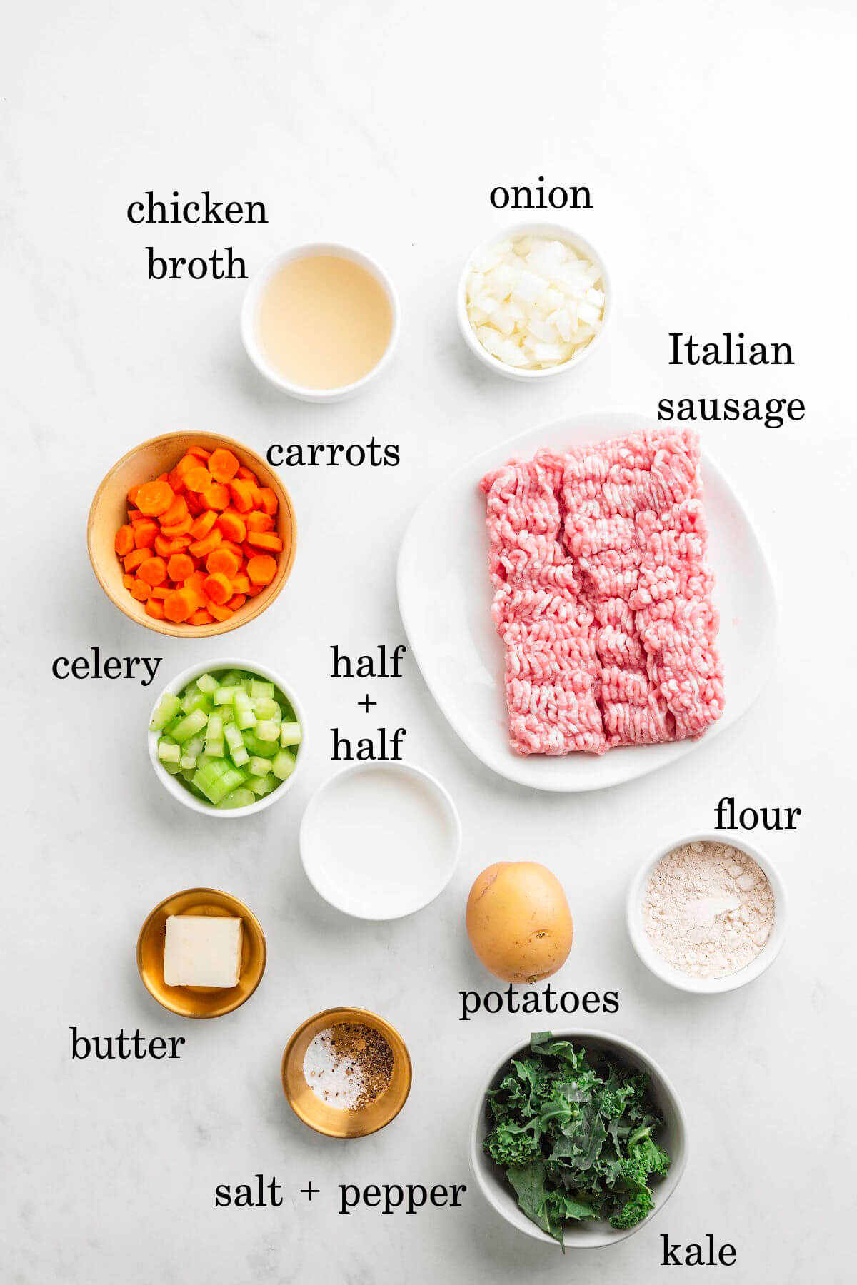 ingredients used to make Tuscan soup with sausage, broth, kale, half and half