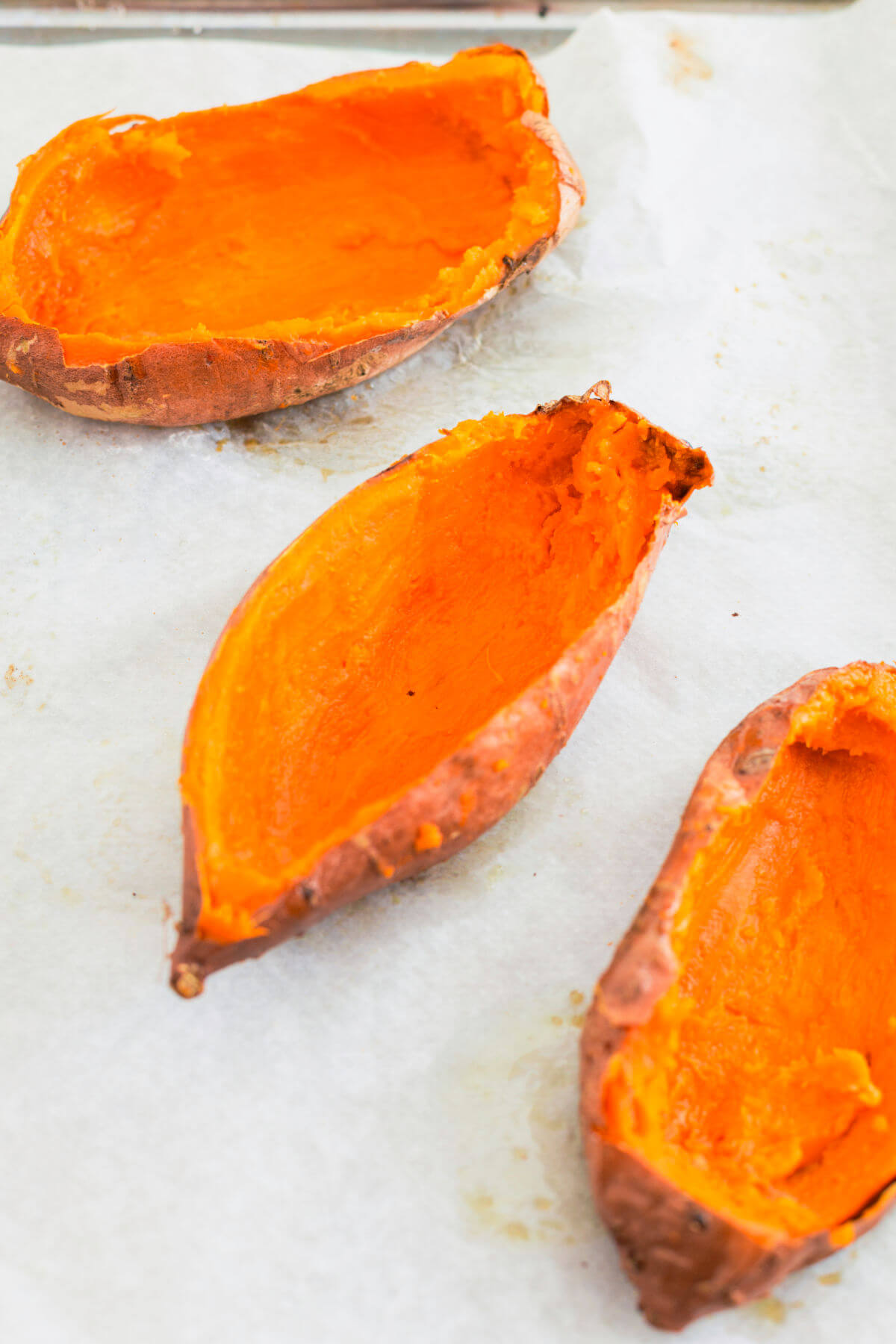 Hollowed out baked sweet potatoes.