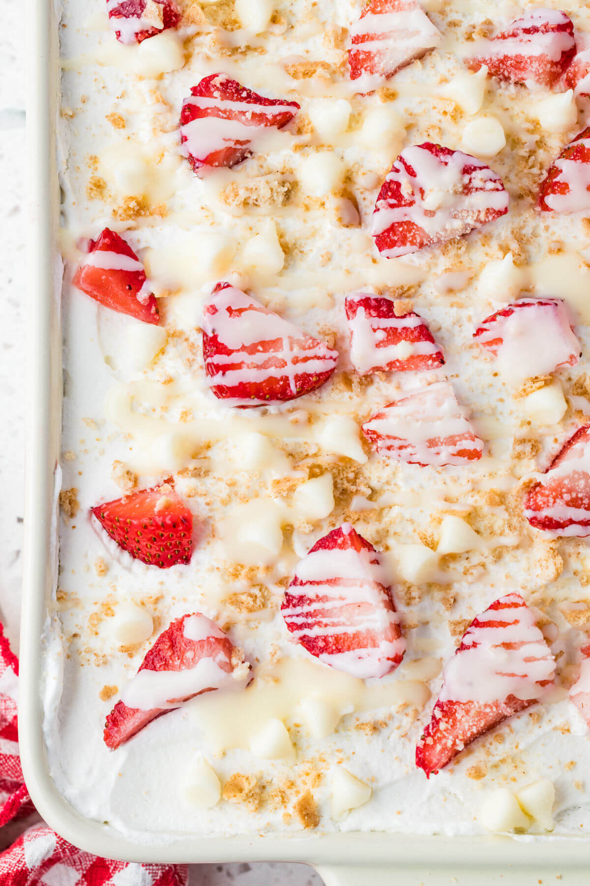 Strawberry icebox cake in a baking dish ready to serve.