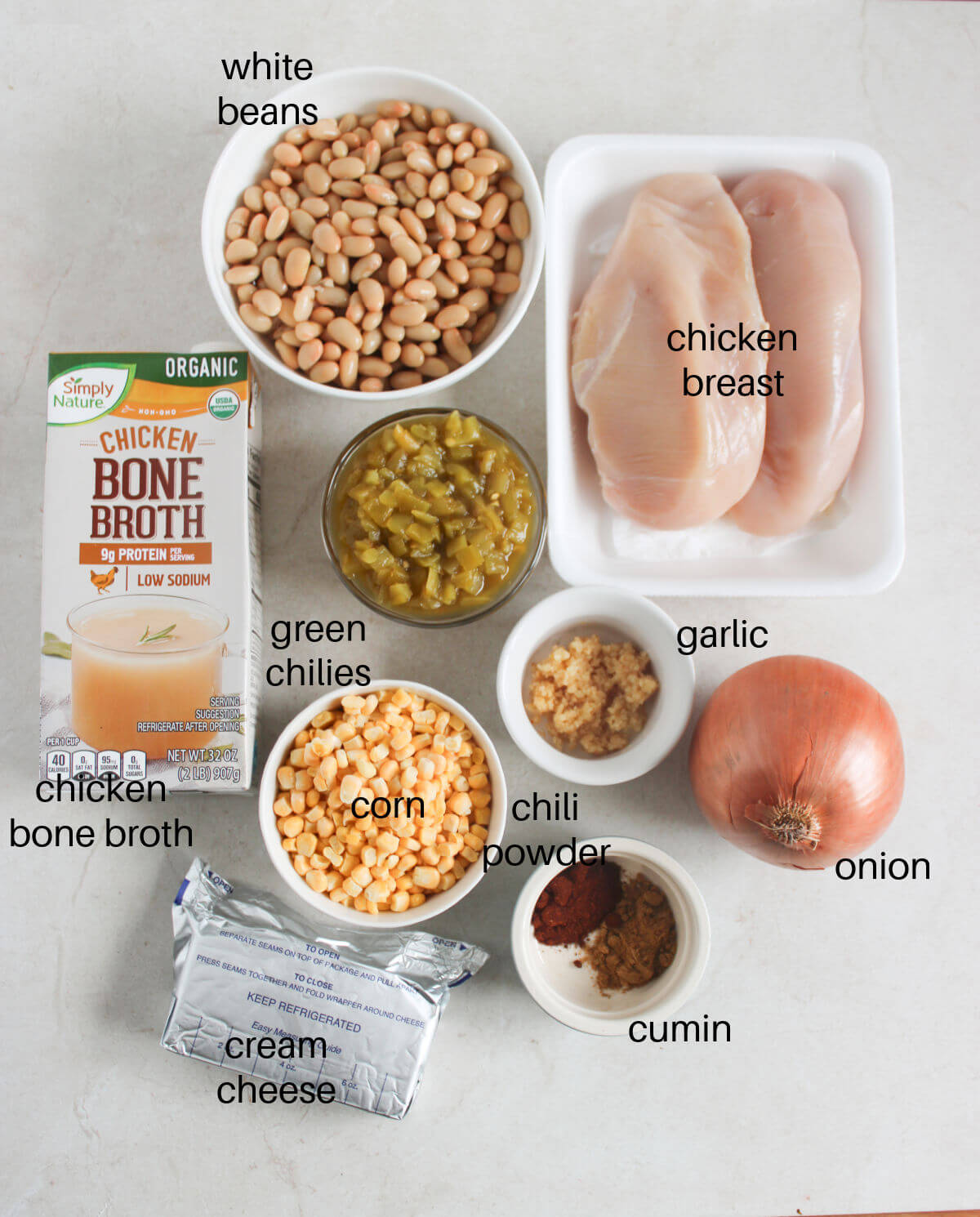 recipe ingredients with text overlay stating the name of each ingredient.