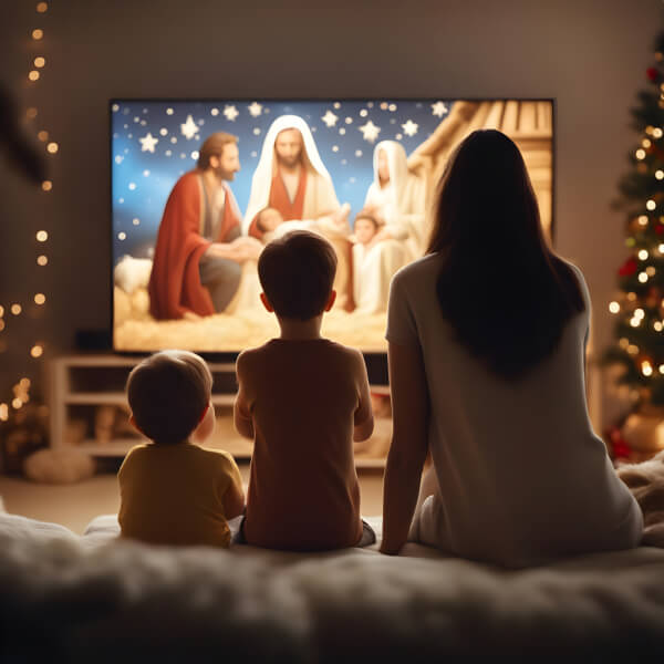 family watching a movie on Christmas Eve