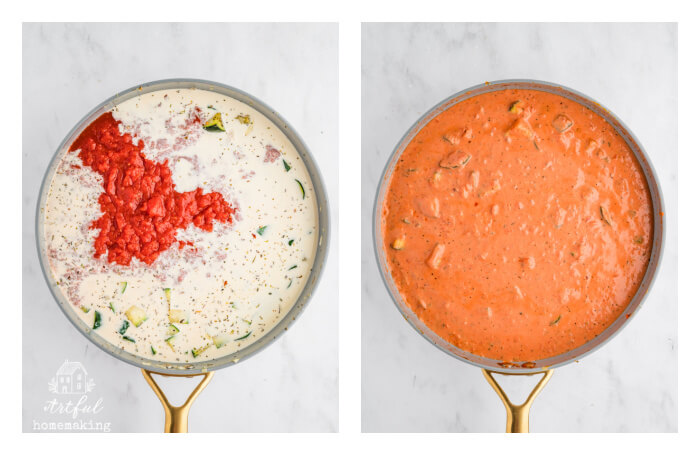 Two in-process photos showing ingredients in the skillet