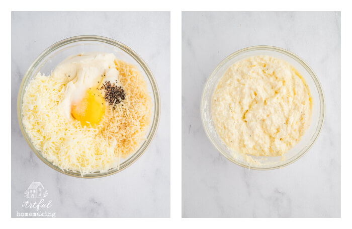 clear glass bowl showing cheeses and egg being mixed together