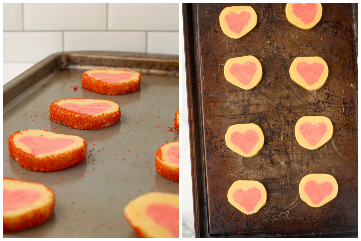 slice and bake heart cookies on cookie sheet ready to be baked