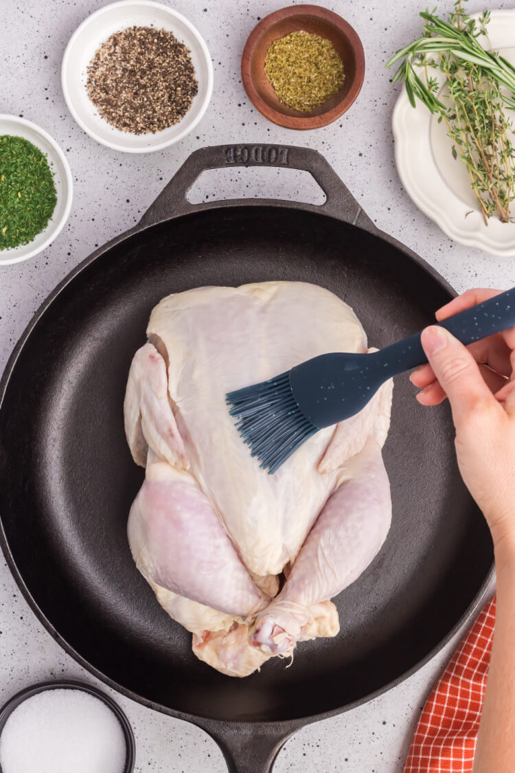woman's hand holding a basting brush coating raw bird with olive oil