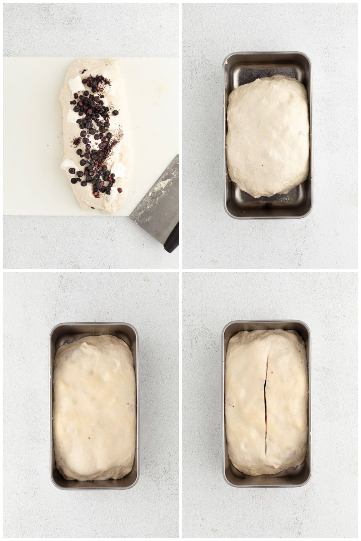 top down view of steps for putting blueberry cream cheese sourdough bread in loaf pan