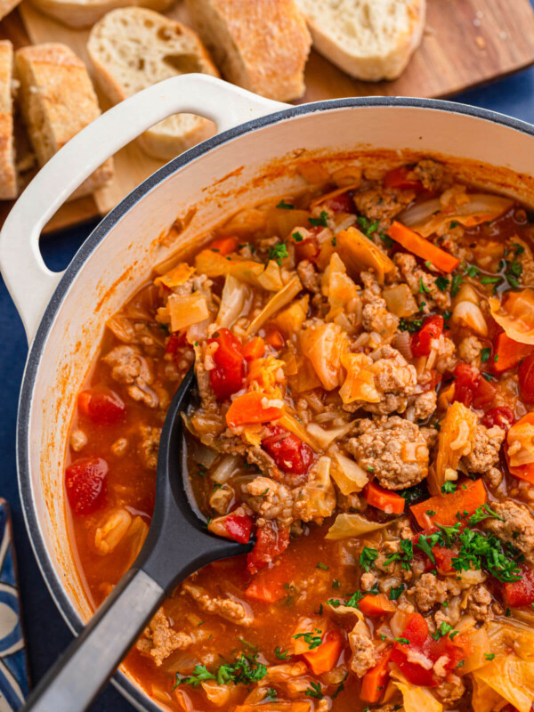 cabbage roll soup in a Dutch oven.