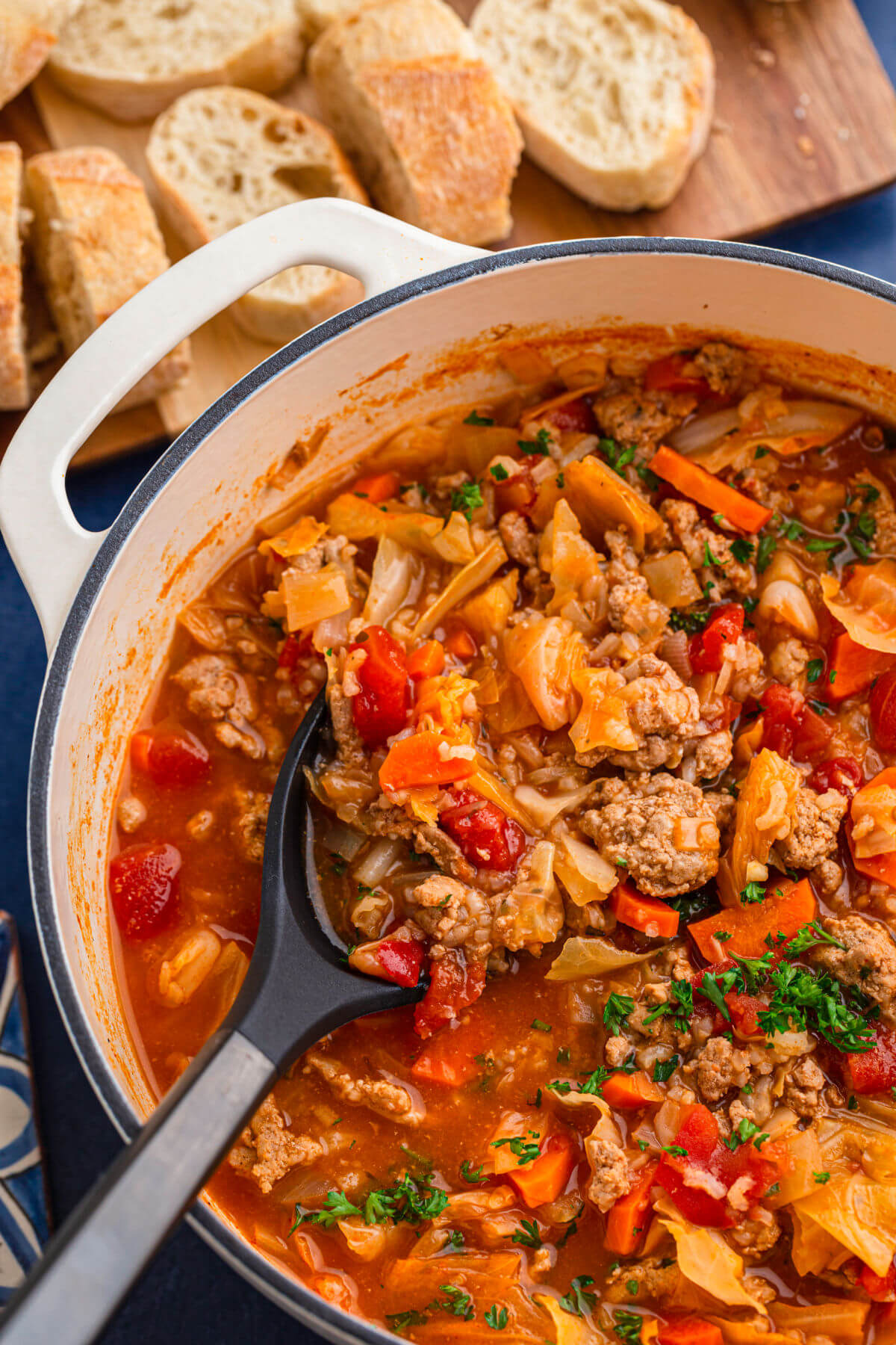 cabbage roll soup in a Dutch oven.