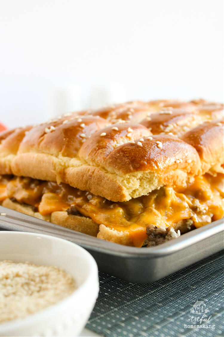 metal sheet pan full of cheeseburger sliders