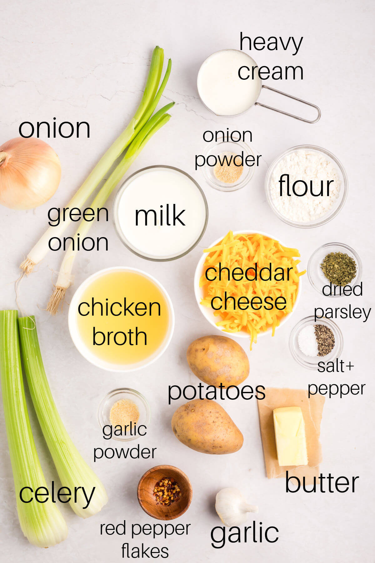 top down view of ingredients in small bowls
