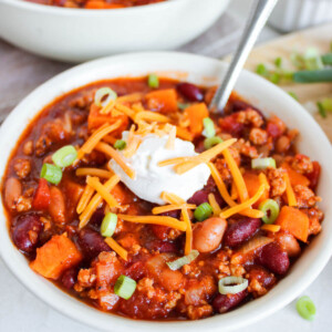 Chicken chili with sweet potatoes in a bowl.